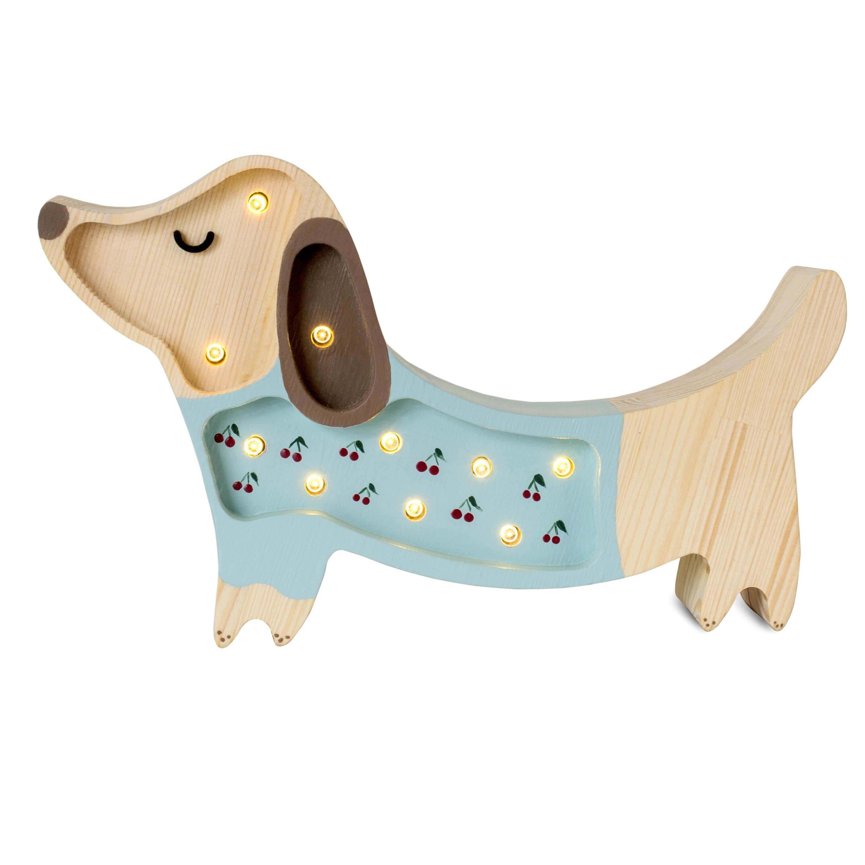 Little Lights Mini Puppy Lamp Cherries on Blue — handmade wooden dimmable LED night light with remote, perfect nursery gift