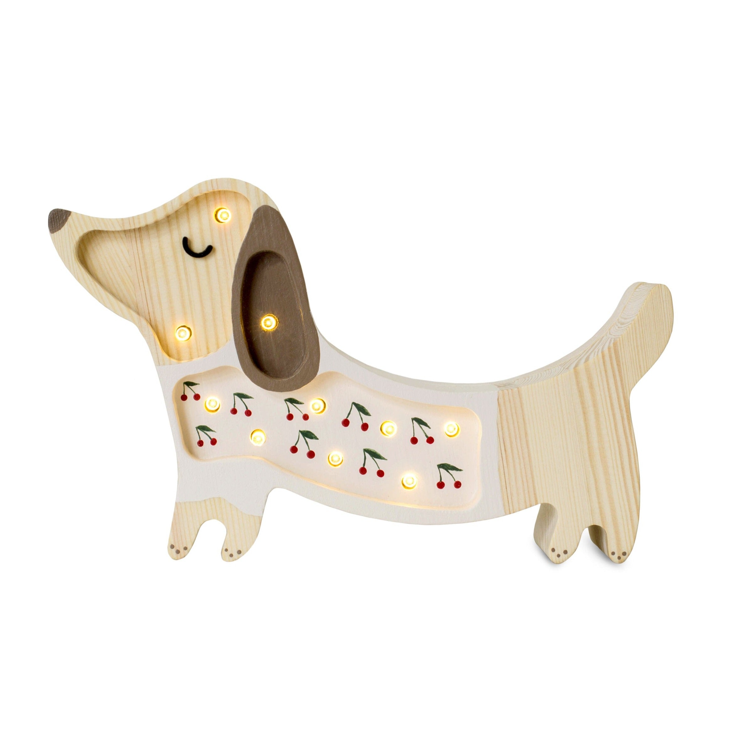 Little Lights Mini Puppy Lamp Cherries on Pink — handmade wooden LED lamp with dimmer and remote, perfect kids’ room accent
