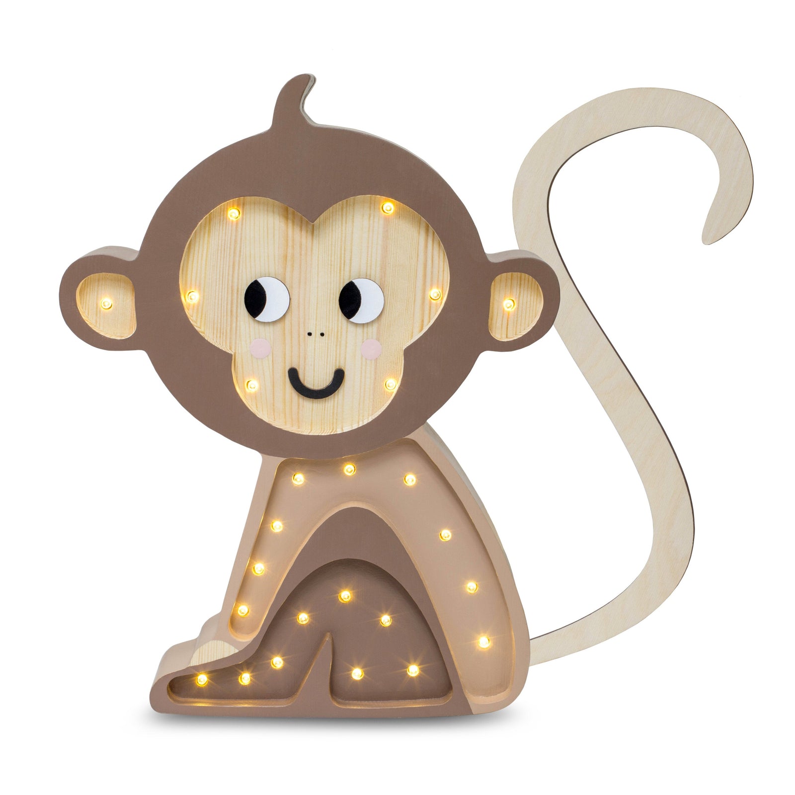 Little Lights Monkey Lamp in Jungle Brown — handmade wooden dimmable LED night light with remote, perfect jungle-themed nursery gift