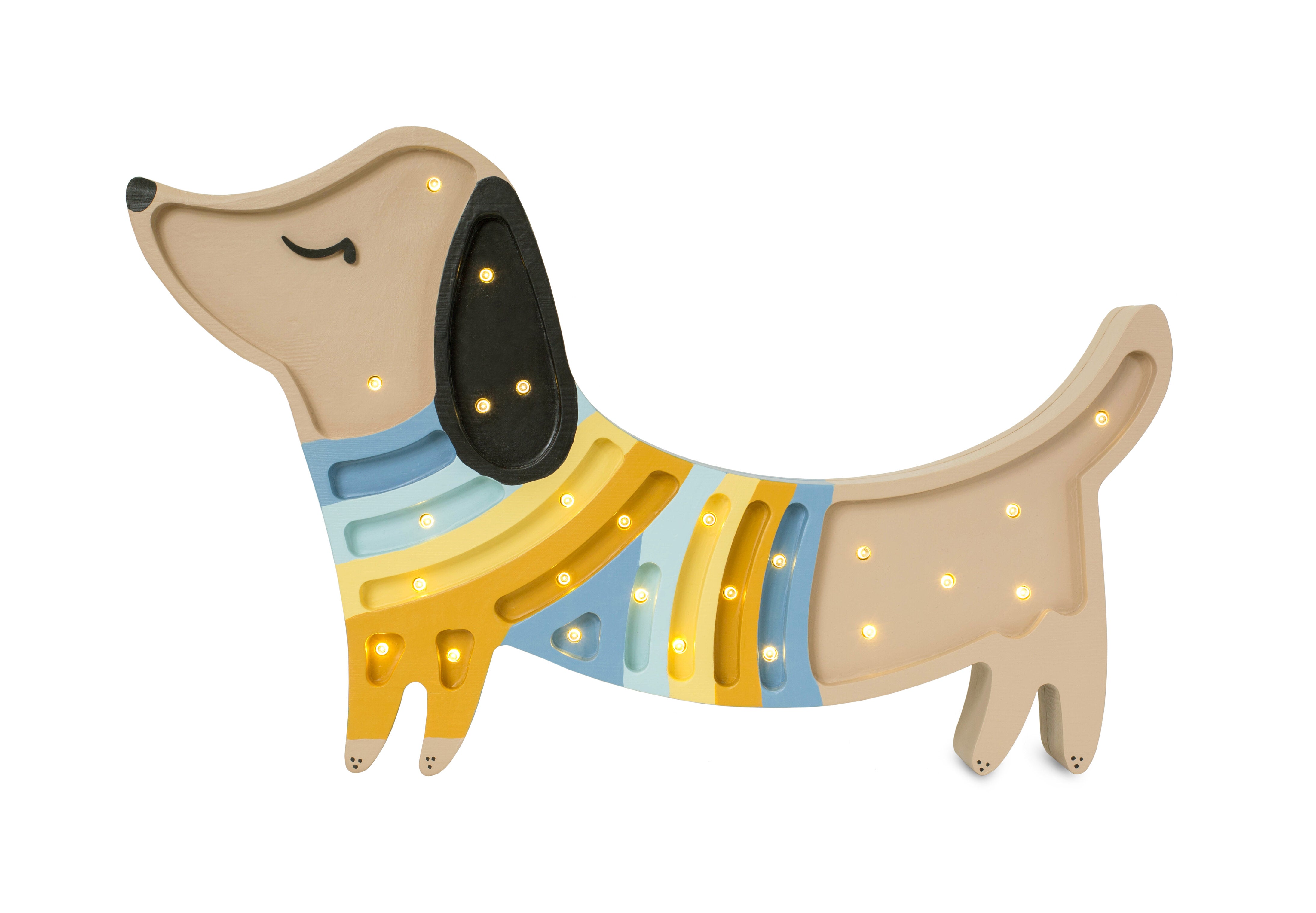 Little Lights Puppy Lamp in Retro Brown, handmade wooden nursery lamp with dimmable LED and remote.