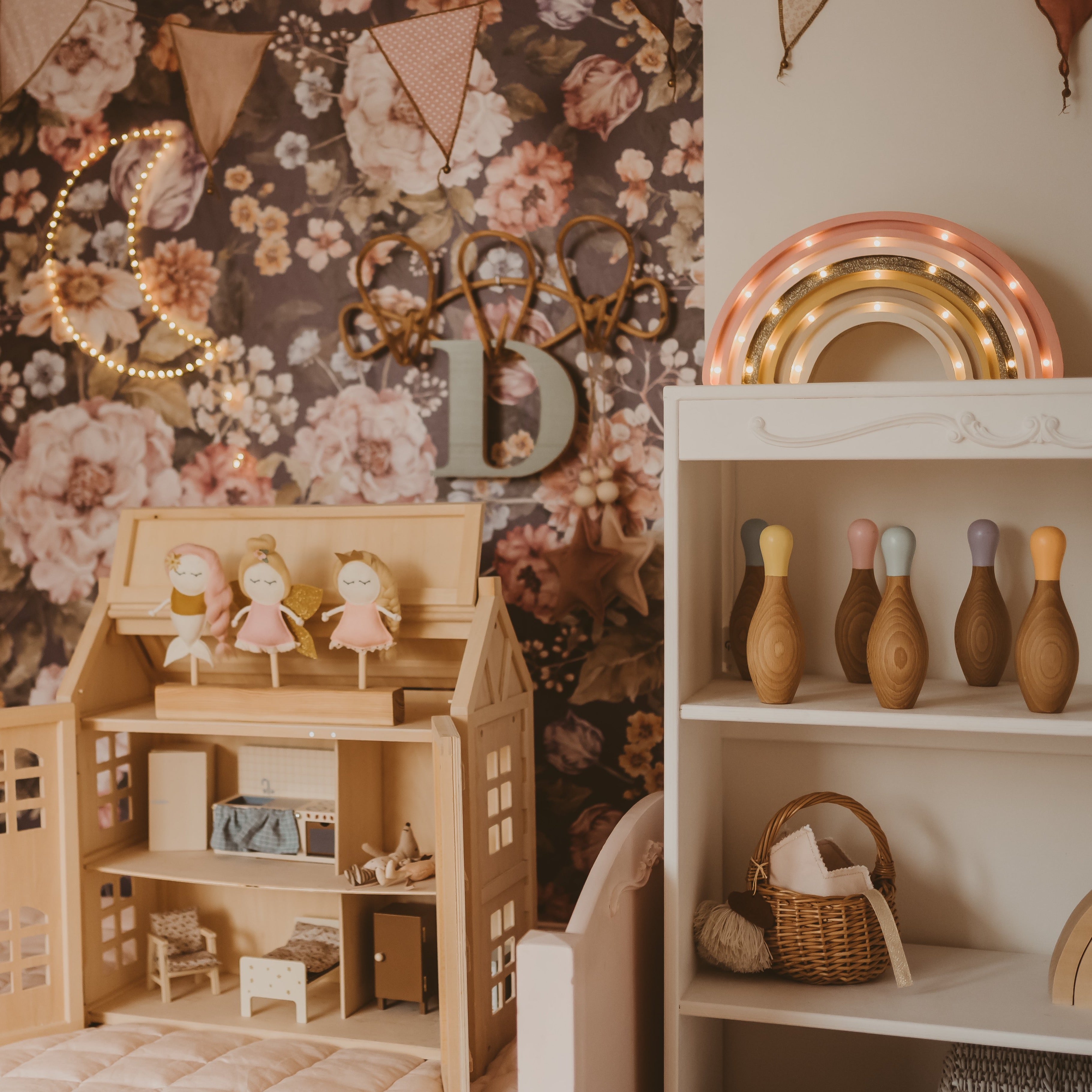 Rainbow Lamp lit on a shelf – decorative LED night light for kids’ playroom