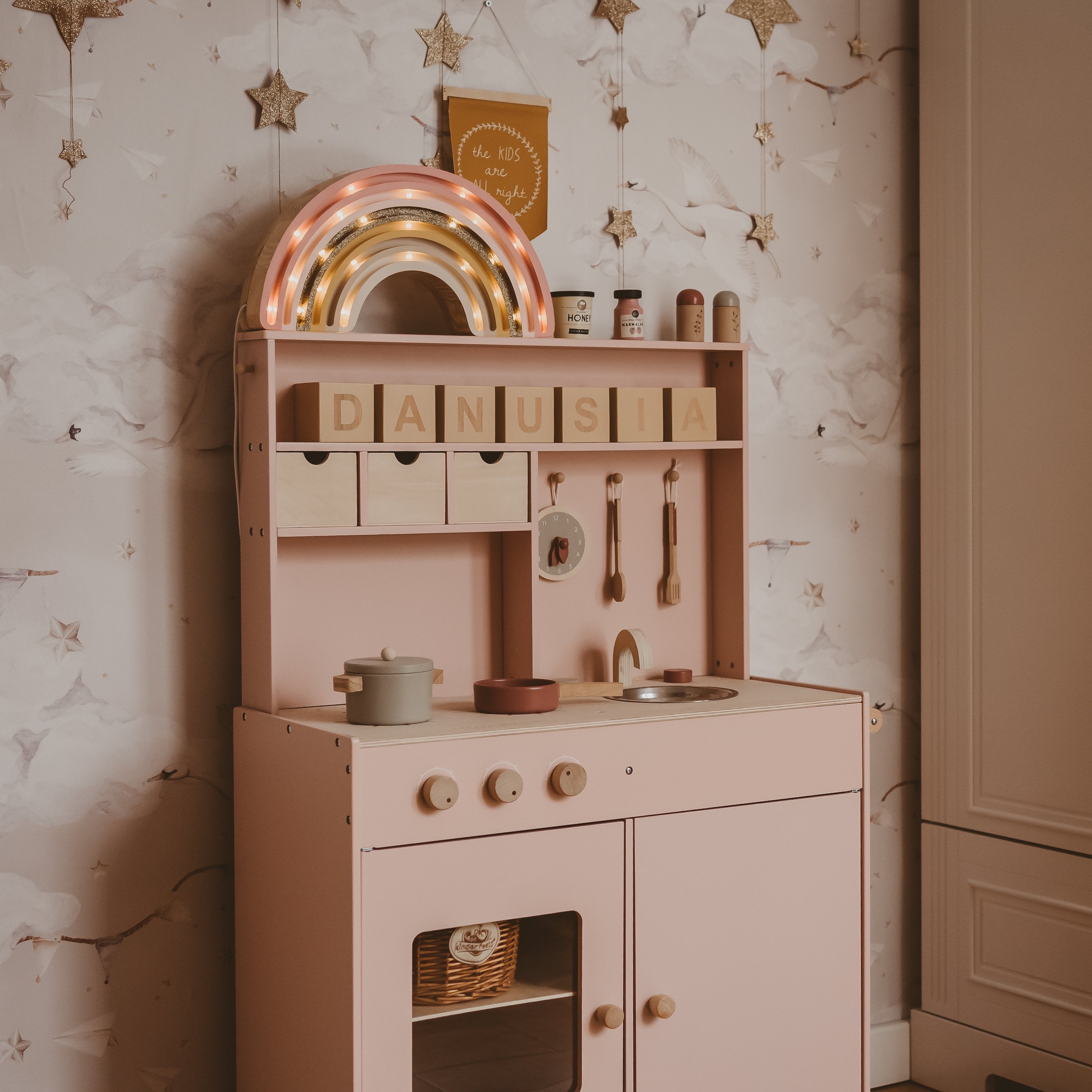 Golden Rose Rainbow Lamp – decorative night light handmade from wood for nursery