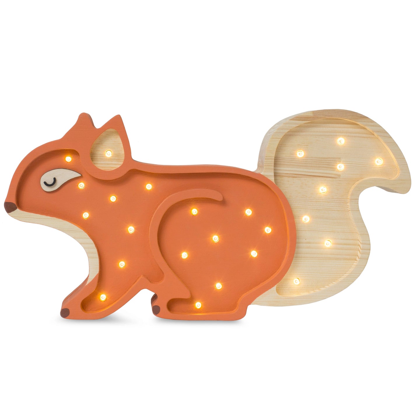 Little Lights Squirrel Lamp in Ginger Wood, handmade wooden dimmable LED lamp with remote for nurseries