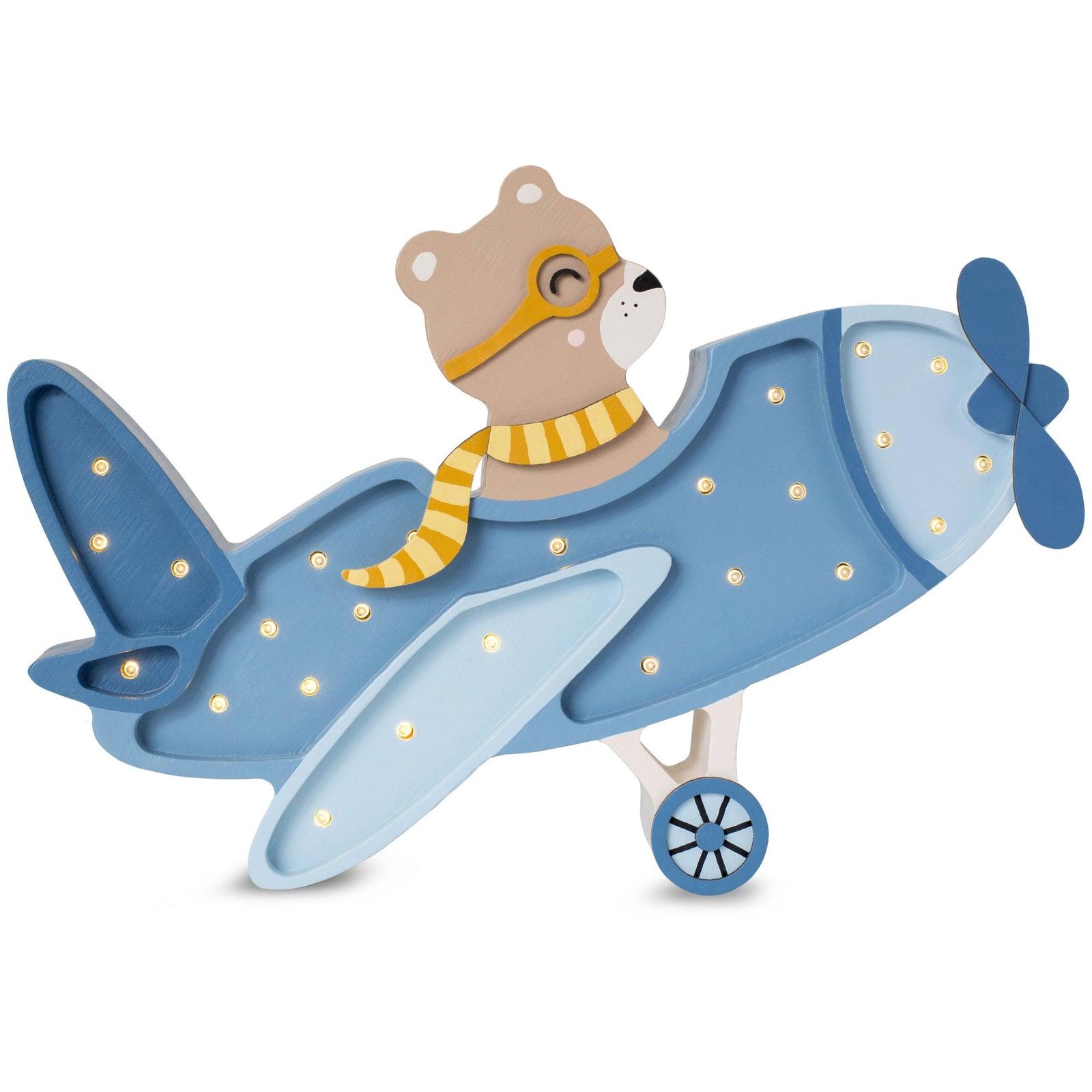 Little Lights Vintage Airplane Lamp in Denim Blue with bear pilot, handmade wooden dimmable LED light