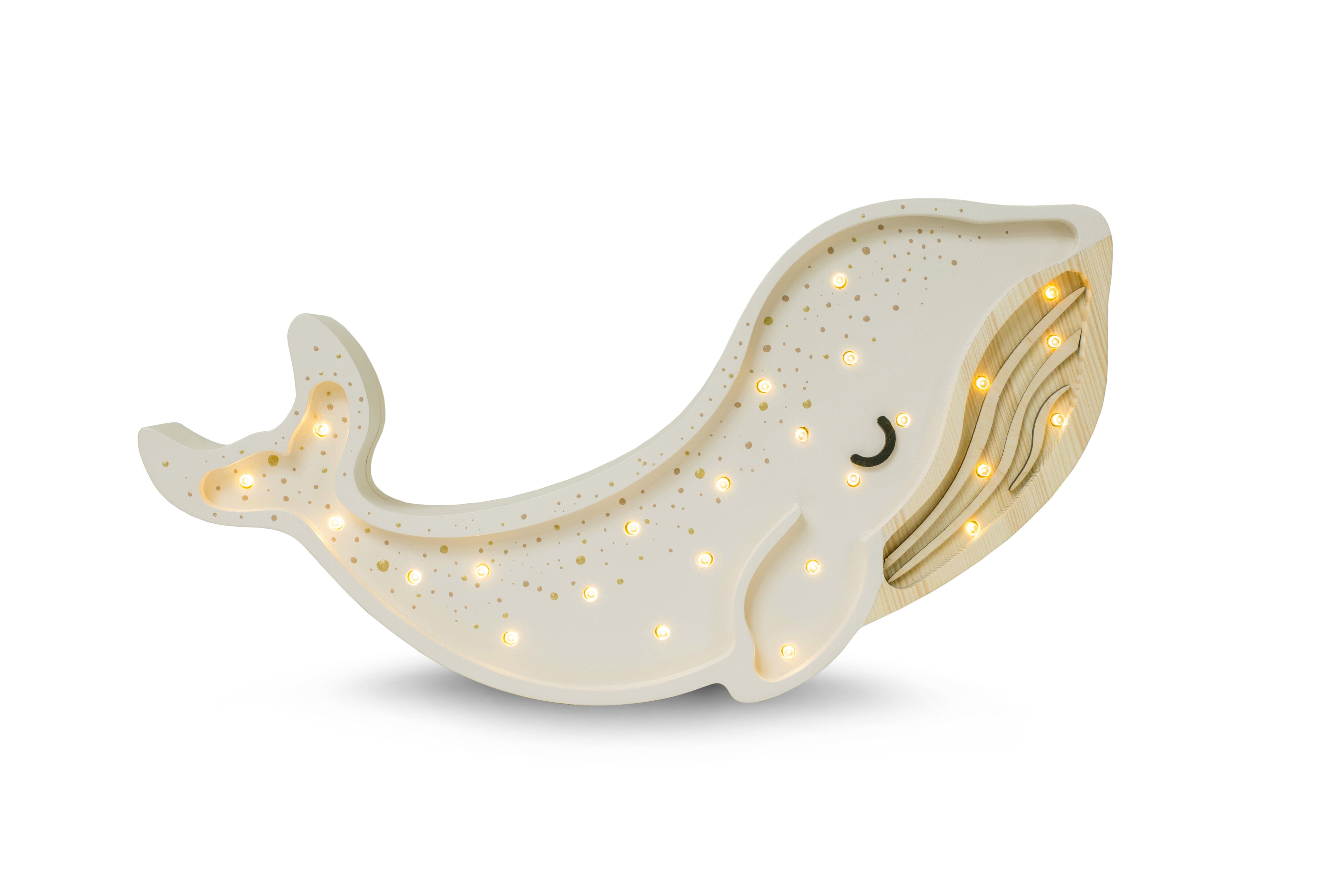 Handmade wooden Whale Lamp in Albino White with dimmable LED and remote, ideal nursery gift