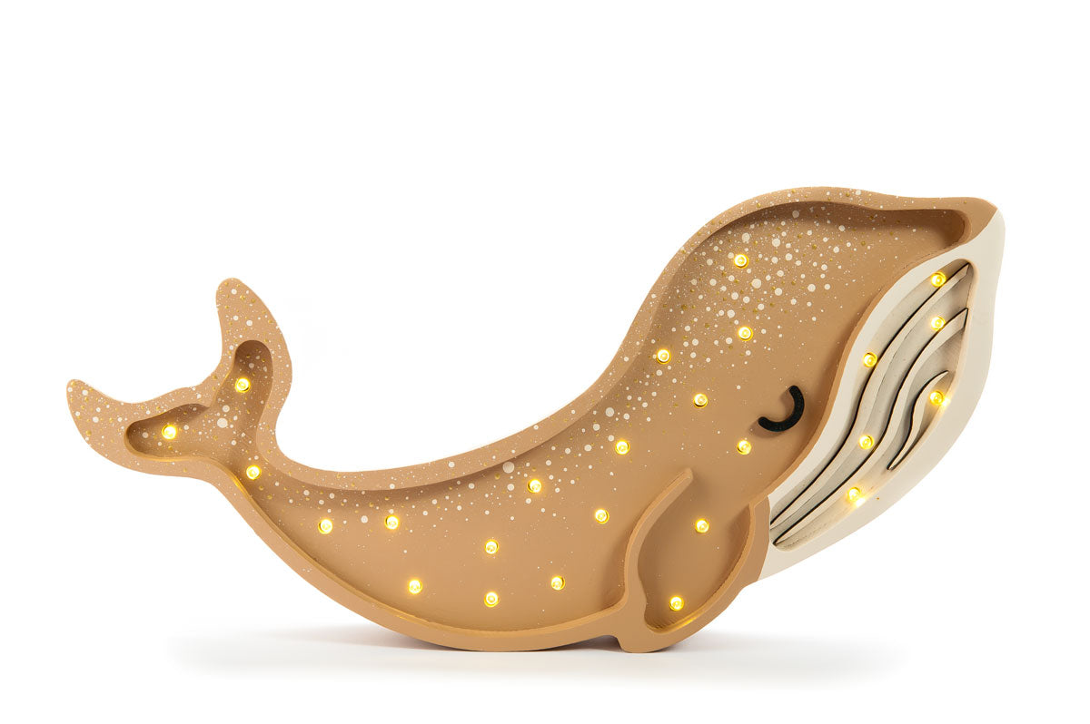 Handmade wooden Whale Lamp in Cinnamon Brown with dimmable LED lights and remote