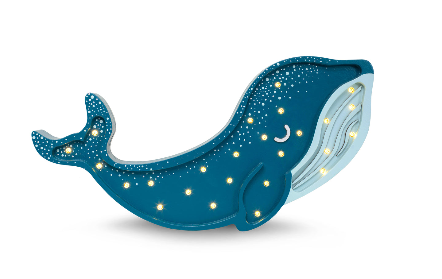 Handmade wooden Whale Lamp in Galaxy Teal with dimmable LED lights and remote, perfect nursery gift